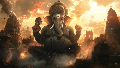 Colossal Ganesha deity in fiery temple cityscape at sunset