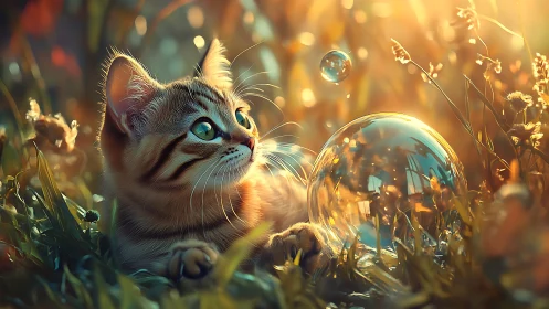 Kitten Observing Soap Bubble in Sunlit Garden Setting.