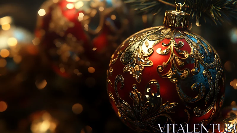 Red glass ornament with ornate gold scrollwork bokeh glow.