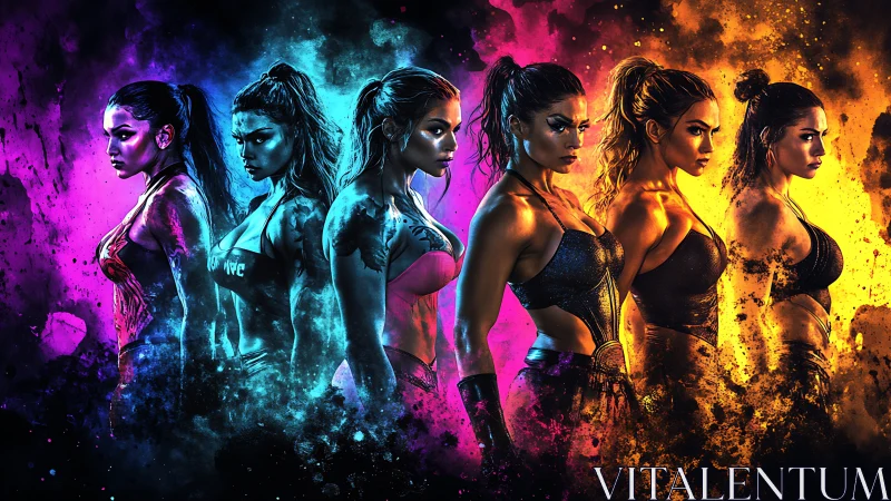 Neon fitness warriors stride through explosive color clouds.