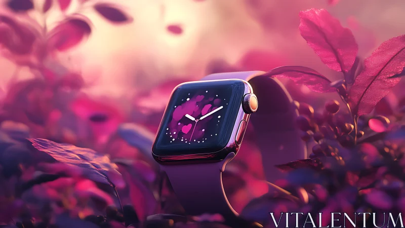 Smartwatch with heart display among pink foliage in focus.