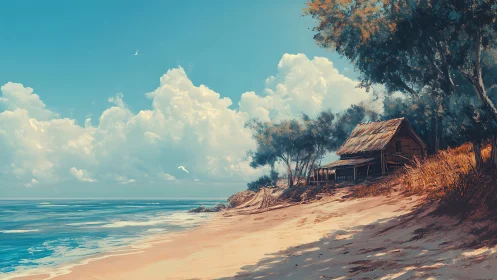 Coastal Haven with Wooden Structure Overlooking Turquoise Waters.