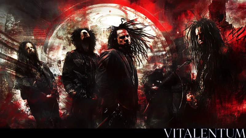 Industrial metal band silhouettes merge with red vortex
