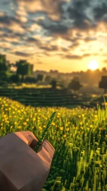 Voxel hand holds blade in sunset meadow landscape scene.