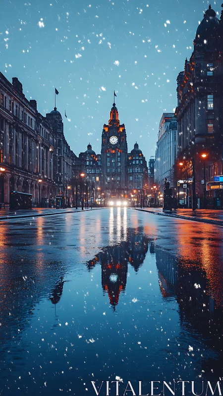 Snowy city boulevard with clocktower reflection at dusk.