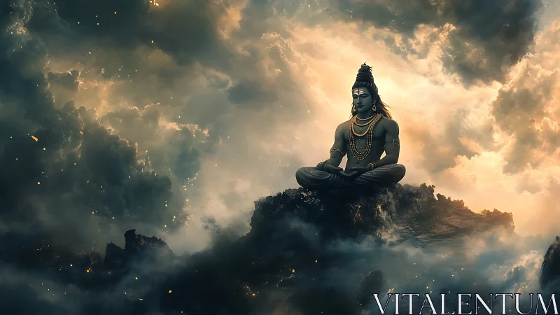 Divine meditative figure amid stormlit celestial clouds.