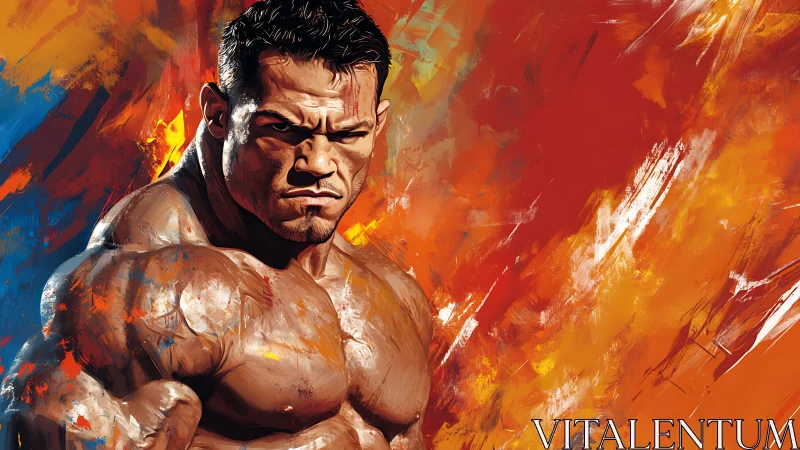Muscular fighter glares amid explosive abstract flames.