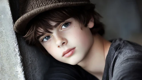 Young Child Portrait: Contemplative Gaze Against Urban Wall.