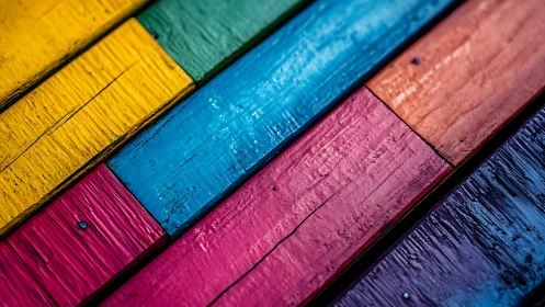 Colorful wooden planks align in vivid diagonal stripes.