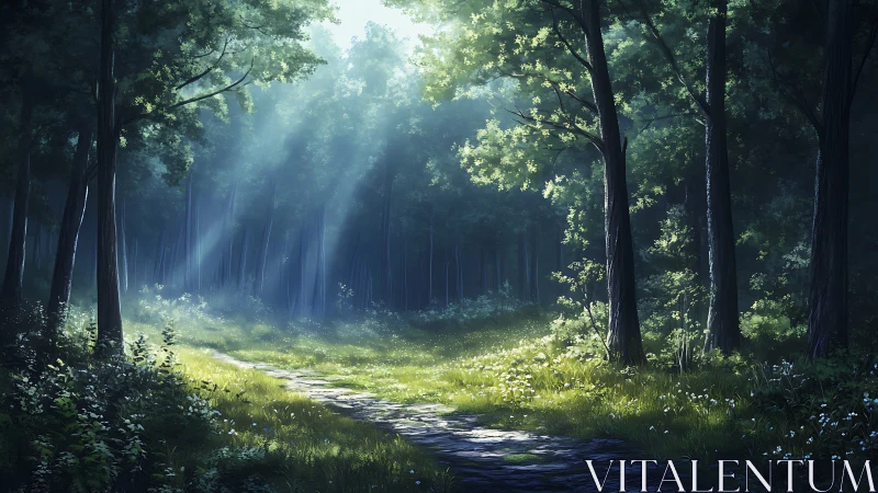 Forest Path Light. Ethereal woodland ray scene.