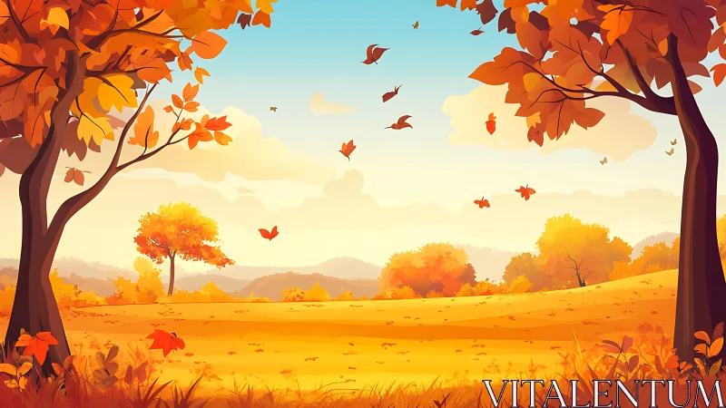 Autumn trees frame a rolling field under clear blue sky