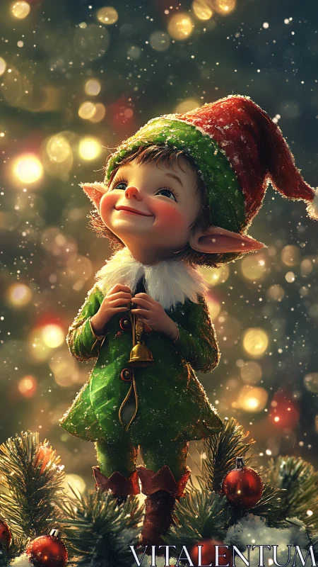 Joyful Christmas elf gazes upward under glowing snowfall