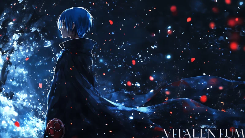 Lone blue haired wanderer gazes into a glowing night storm