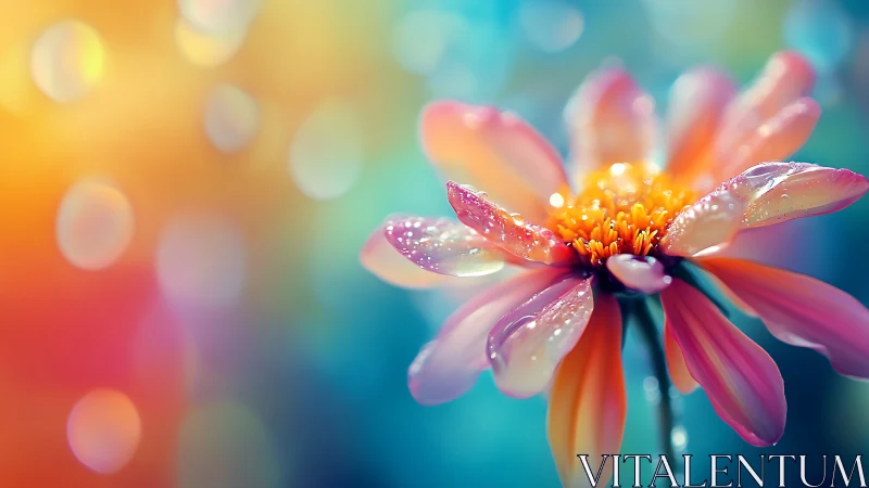 Rainbow-Petaled Blossom Crowned with Crystal Dewdrops.
