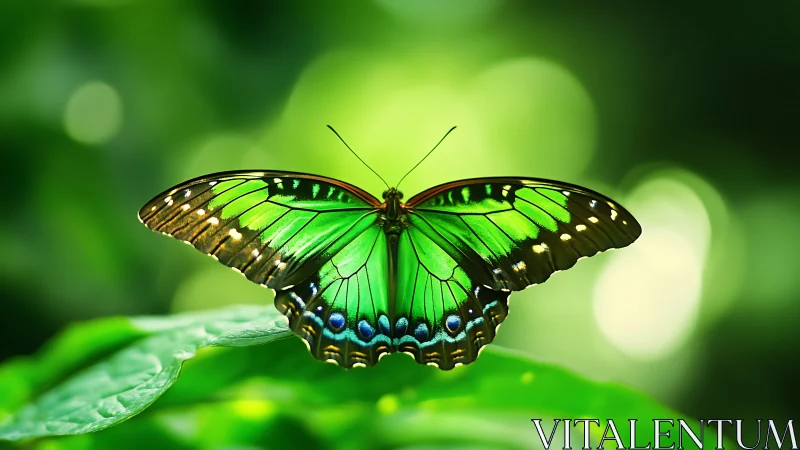 Green butterfly on leaf against defocused foliage background.