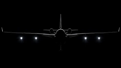 Midnight jet silhouette crowned by runway stars of light.