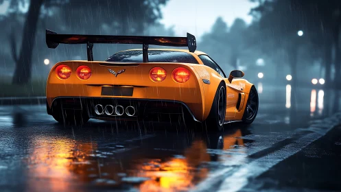 Yellow sports car accelerates on wet night city street