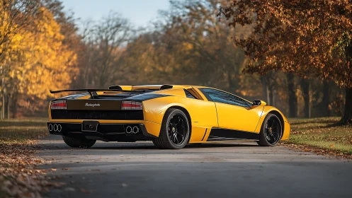 Yellow Lamborghini Murciélago parked on tree lined road.
