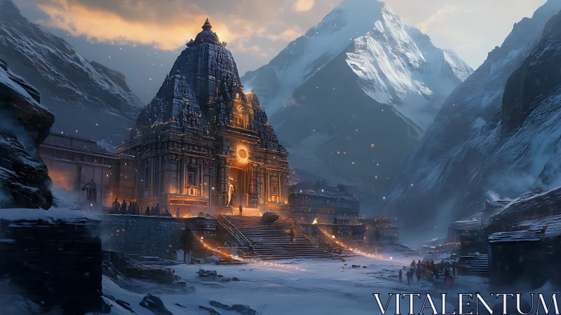 Mountain temple aglow with warm light in a snowy valley.