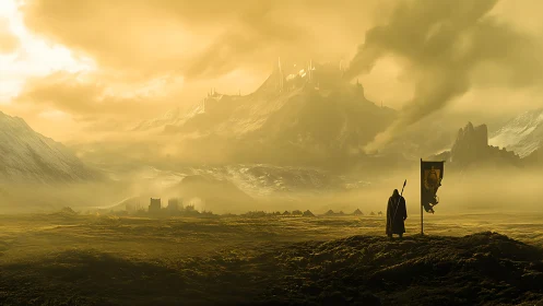 Solitary cloaked figure surveys fortified city in misty valley