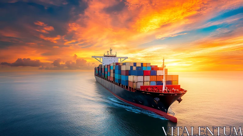 Container ship moves across calm ocean under vivid sunset