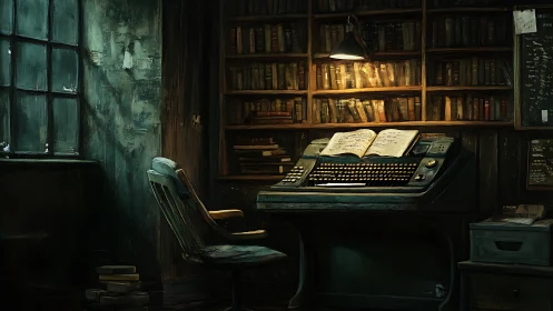 Moody library desk with glowing typewriter and worn book.