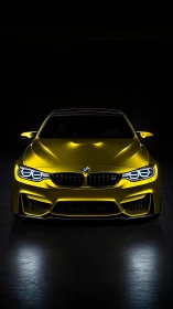 Bold yellow sports car glowing softly in the dark garage.