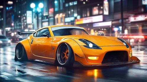 Widebody turbo street racer rendered in neon wet-city nightscape.