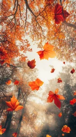 Crimson maple leaves spiraling through misty autumn forest.