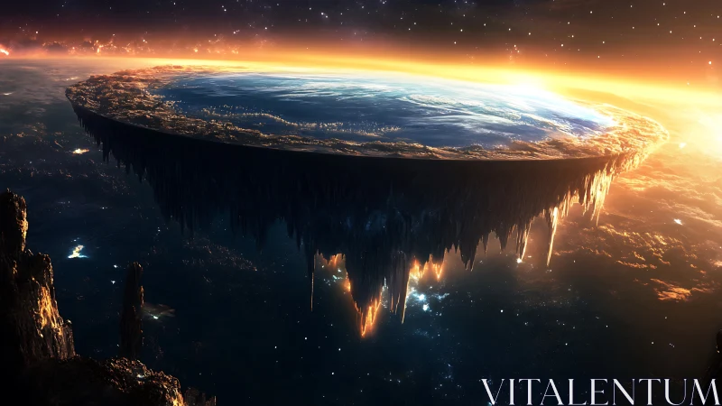 Flat cosmic worldplate hovering over glowing nebula horizon.