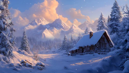 Radiant alpine snowfall encasing log cabin and pine forest.