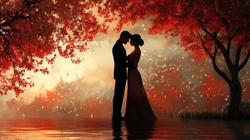 A Romantic Kiss Beneath Crimson Autumn Trees