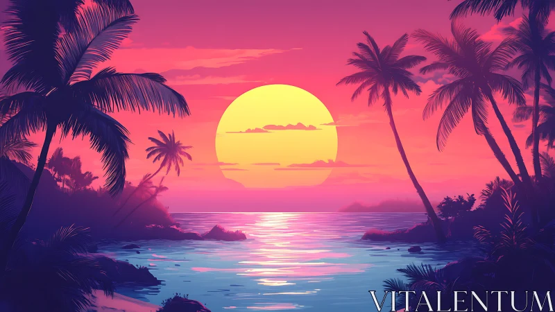 Neon sunset lagoon where tropical palms sip molten light.