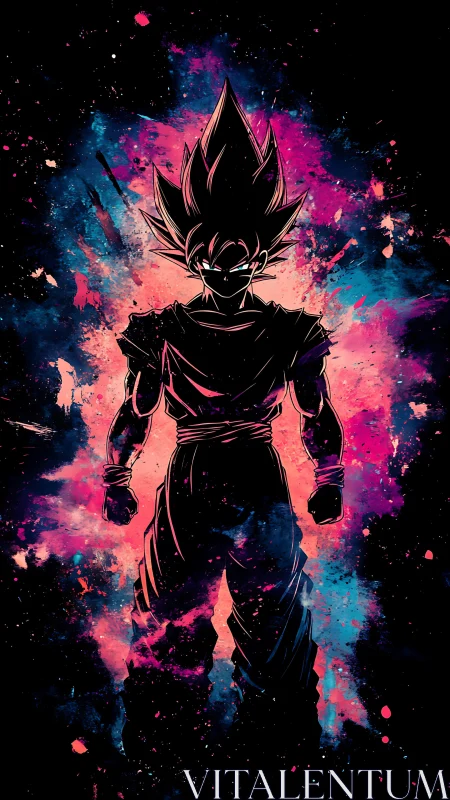 Silhouetted anime warrior ignites amid neon cosmic splashes