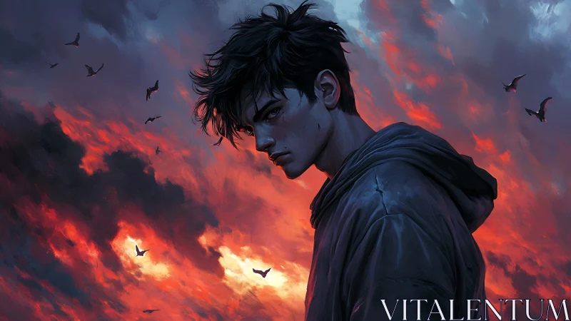 Digital painting portrait against storm-lit crimson sky.