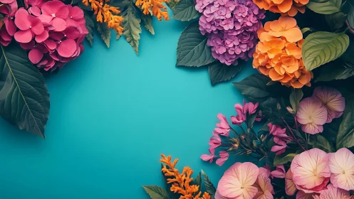 Jeweled Garden Dreams: Vibrant Blooms Frame Turquoise Canvas.