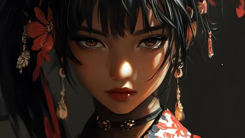 Intense digital portrait of woman with red floral details.