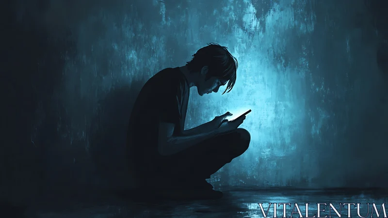 Silhouetted figure examines illuminated phone in dark space