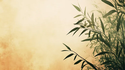 Bamboo leaves silhouetted on warm textured background.