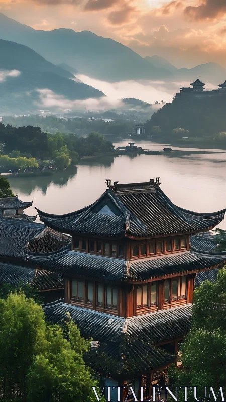 Misty lakeside pagodas beneath layered mountain sunrise.