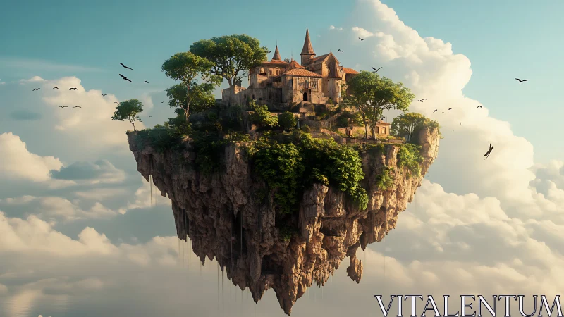 Floating Castle on Levitating Rock Formation Above Clouds.