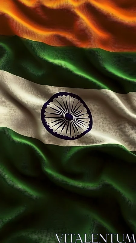 Indian flag fabric waves under dramatic directional light.