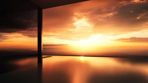 Minimalist seafront terrace framing a luminous sunset sky.