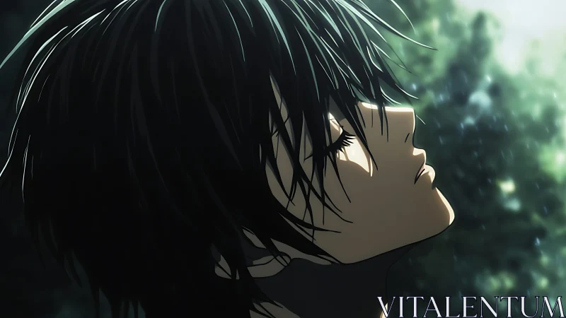 Side profile shows stylized figure with closed eyes outdoors