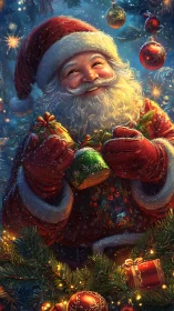 Jolly Santa sharing Christmas cheer with sparkling gifts.