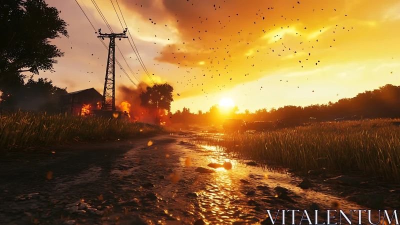 Golden sunset road glows beside fields and distant fire.