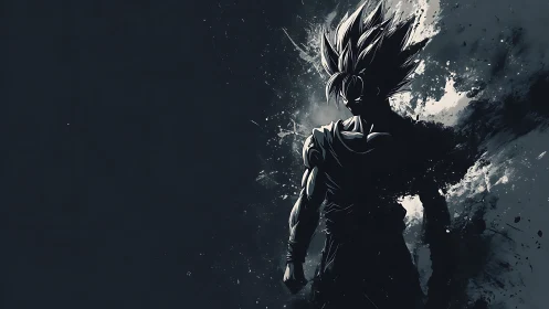Silhouetted anime warrior dissolves into dynamic ink splashes