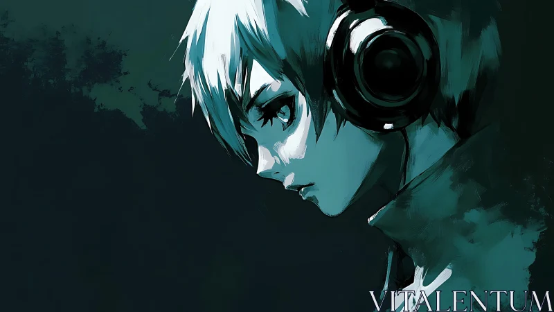 Headphone wearing anime character rendered in teal profile