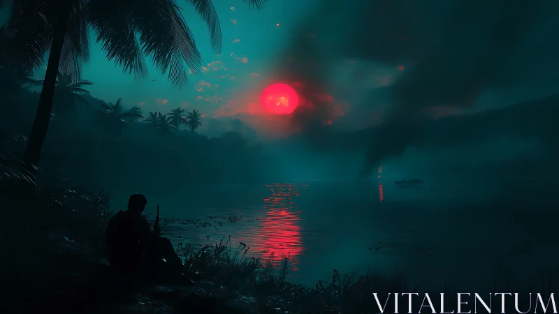 Neon red sunset floods a misty jungle war riverscape