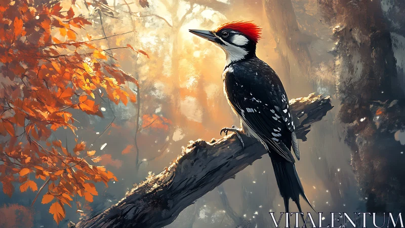Majestic woodpecker on branch in autumn forest, digital painting.